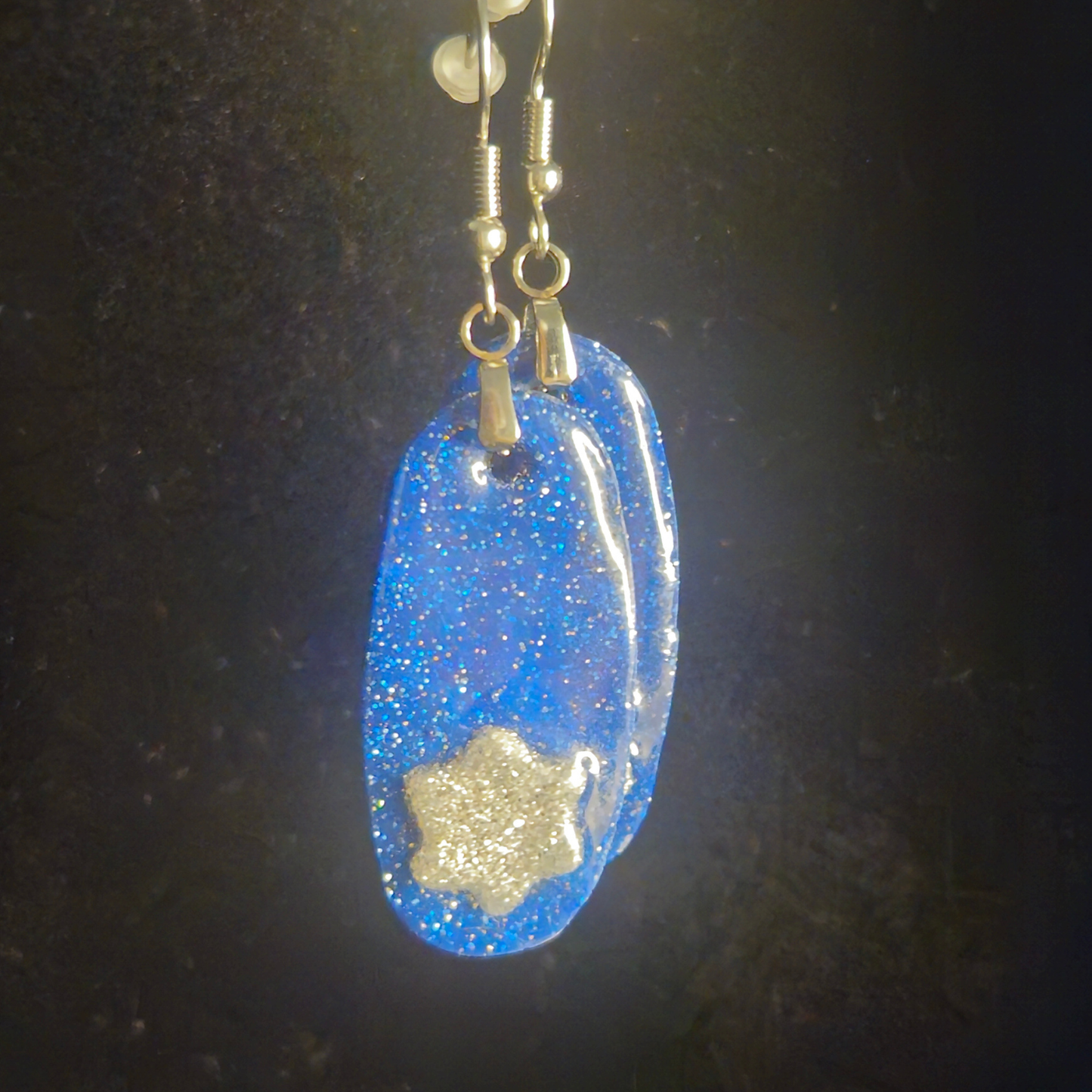 Royal Blue Glitter Oval Resin Dangle Earrings with Gold Foil Accent