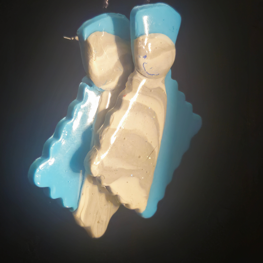 Blue & Cream Resin Doll Dangle Earrings
