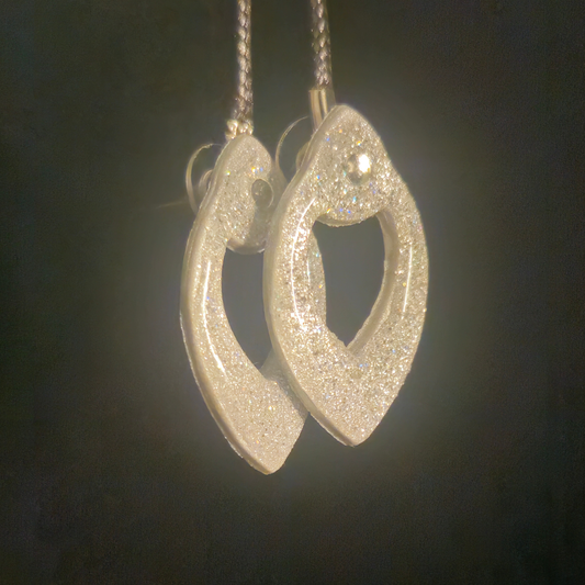 White Iridescent Glitter Open Marquise Hoop Resin Earrings