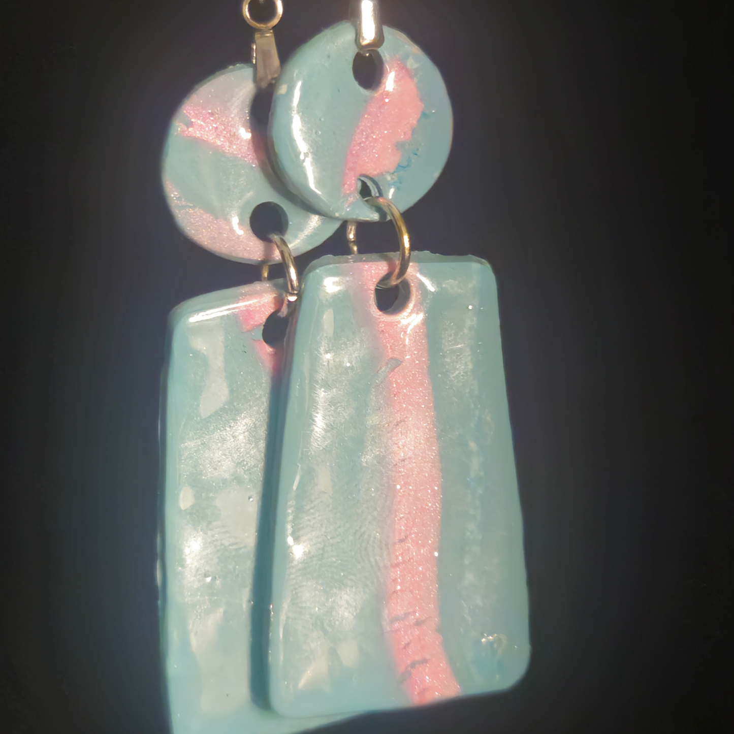 Mint & Pink Swirl Two-Piece Circle & Rectangle Resin Dangle Earrings
