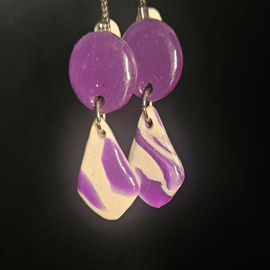 Purple Circle & Cream Marble Swirl Diamond Resin Two-Piece Clip On Earrings