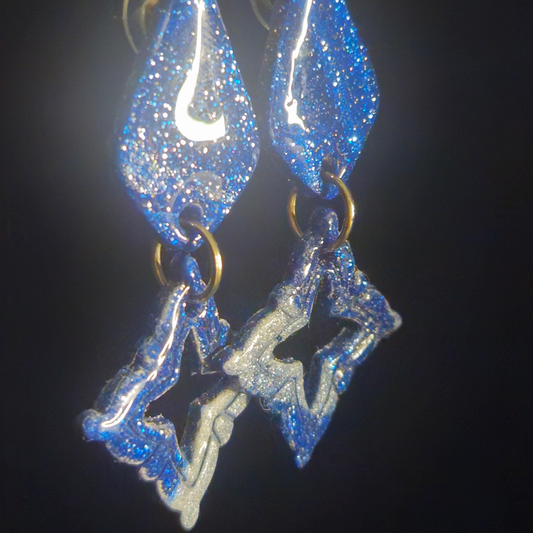 Blue Holographic Glitter Diamond & Open Star Two-Piece Resin Earrings