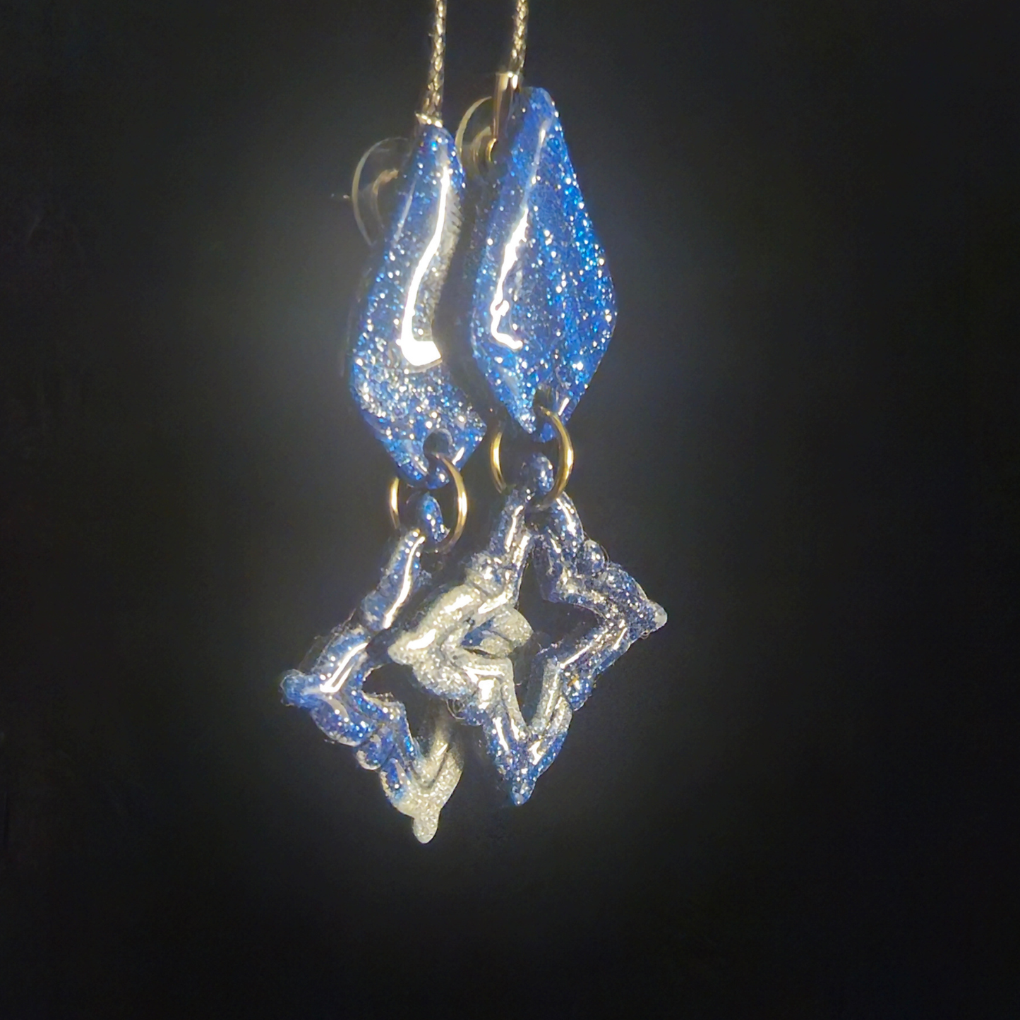 Blue Holographic Glitter Diamond & Open Star Two-Piece Resin Earrings
