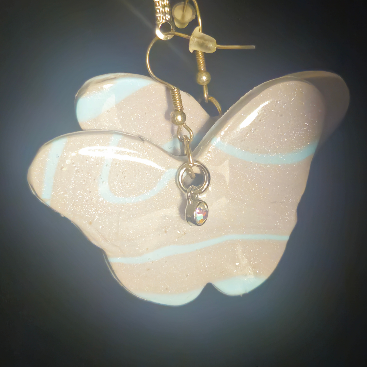 White Iridescent Glitter Butterfly Resin Dangle Earrings with Rhinestone Charm
