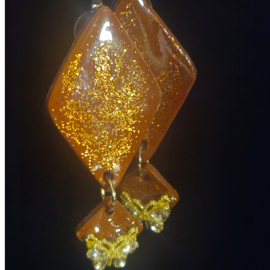 Amber & Gold Glitter Stacked Diamond Resin Earrings with Crystal Butterfly Charm