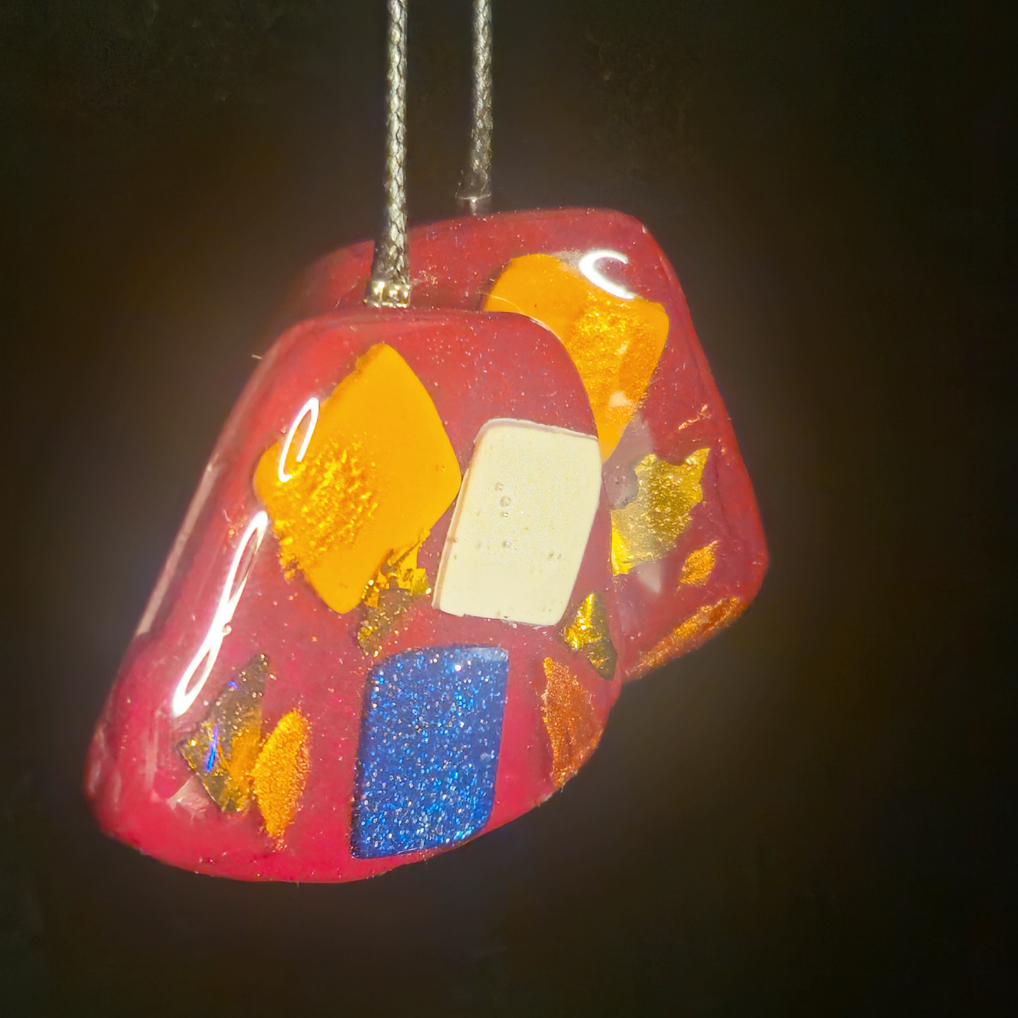 Red Rounded Square with White, Orange & Blue Glitter Color Block Tile Resin Earrings