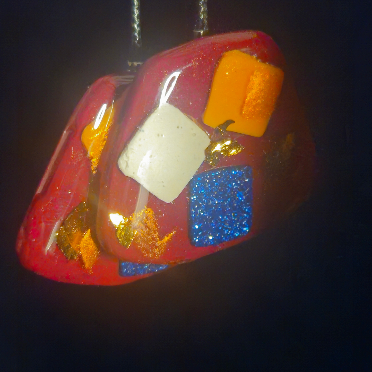 Red Rounded Square with White, Orange & Blue Glitter Color Block Tile Resin Earrings