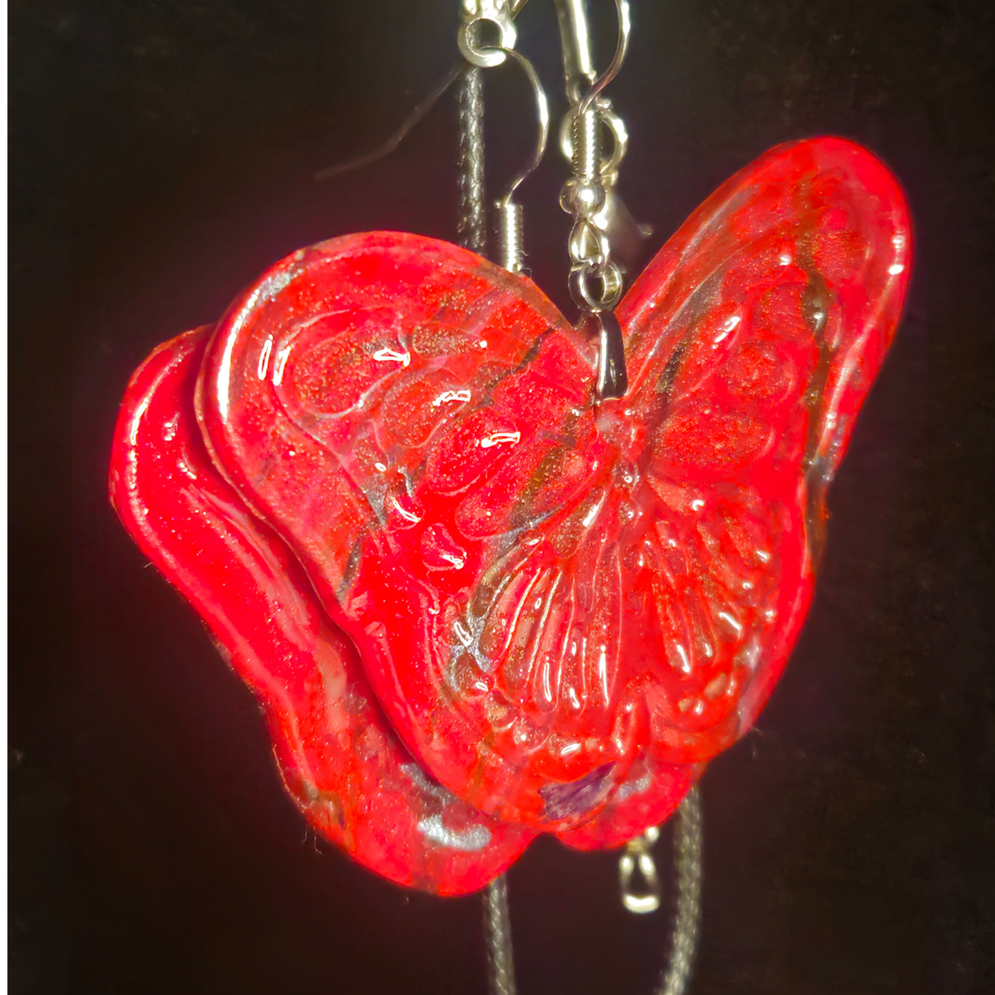 Red Glitter Carved Double Butterfly Resin Earring & Necklace Set