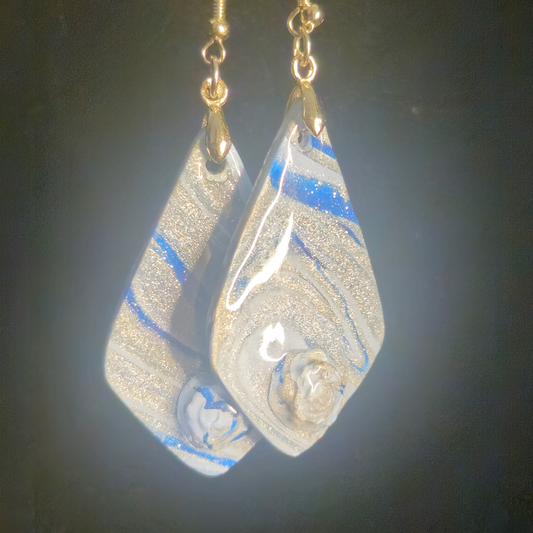 Silver & Blue Stripe Glitter Diamond Resin Dangle Earrings with Rose Detail