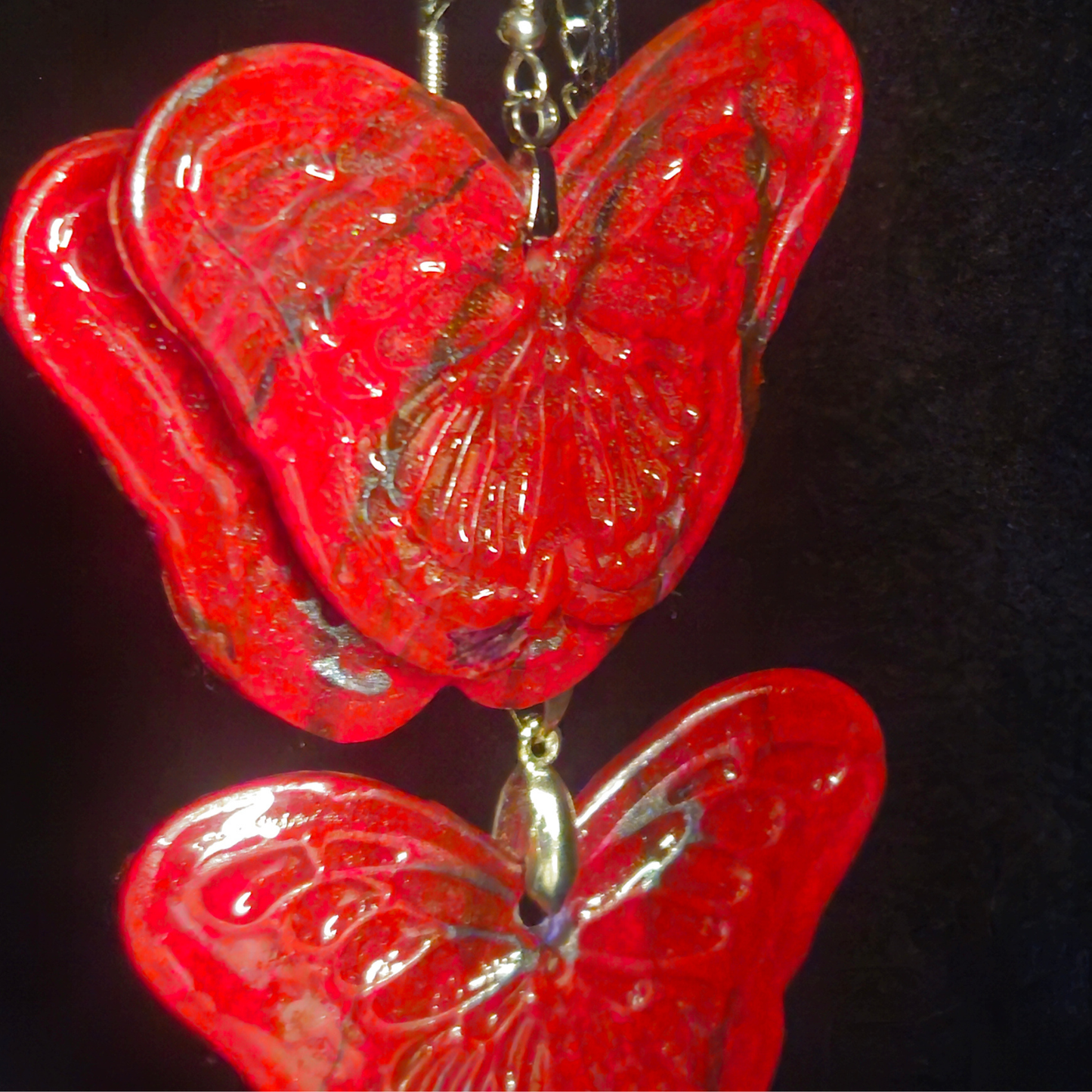 Red Glitter Carved Double Butterfly Resin Earring & Necklace Set
