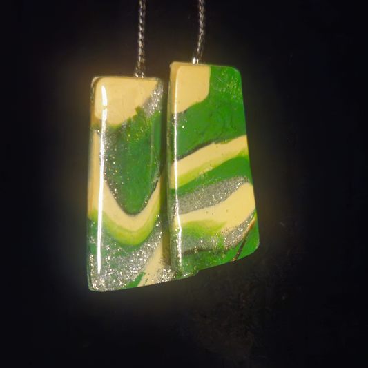 Green & Cream Swirl Resin Rectangle Drop Earrings with Silver Glitter