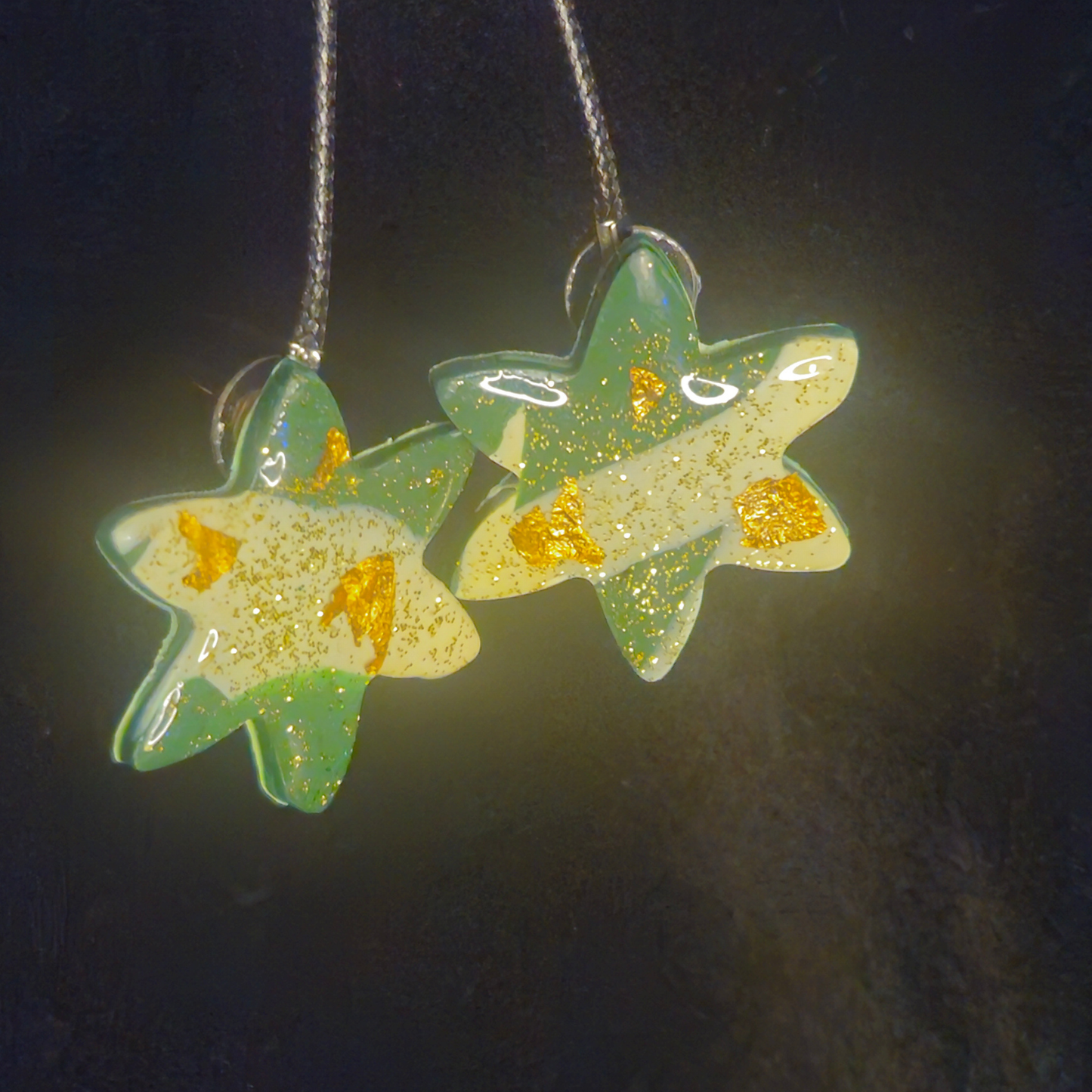 Mint Green Star Resin Drop Earrings with Gold Foil