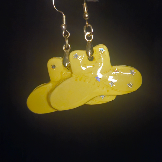 Yellow Cowboy Hat Resin Dangle Earrings with Iridescent Stars