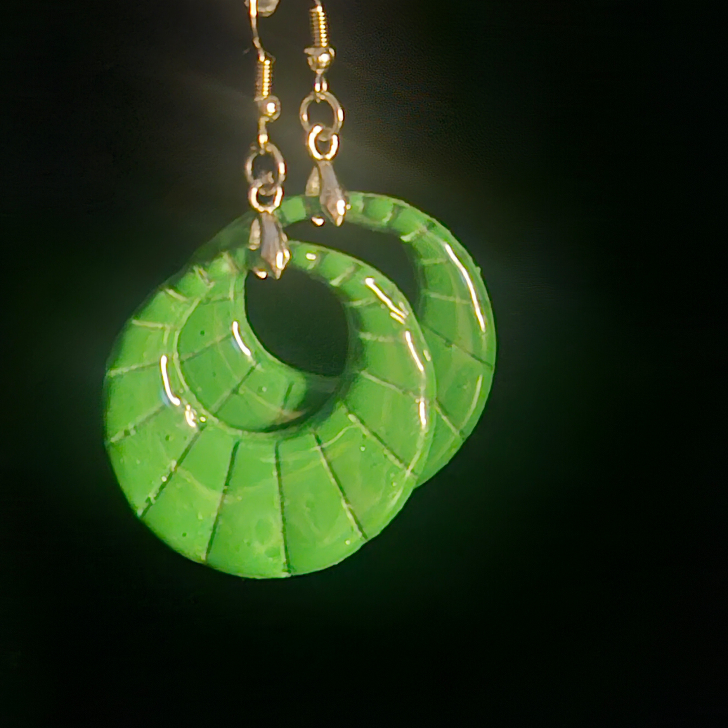 Green Open Crescent Moon Resin Hoop Earrings