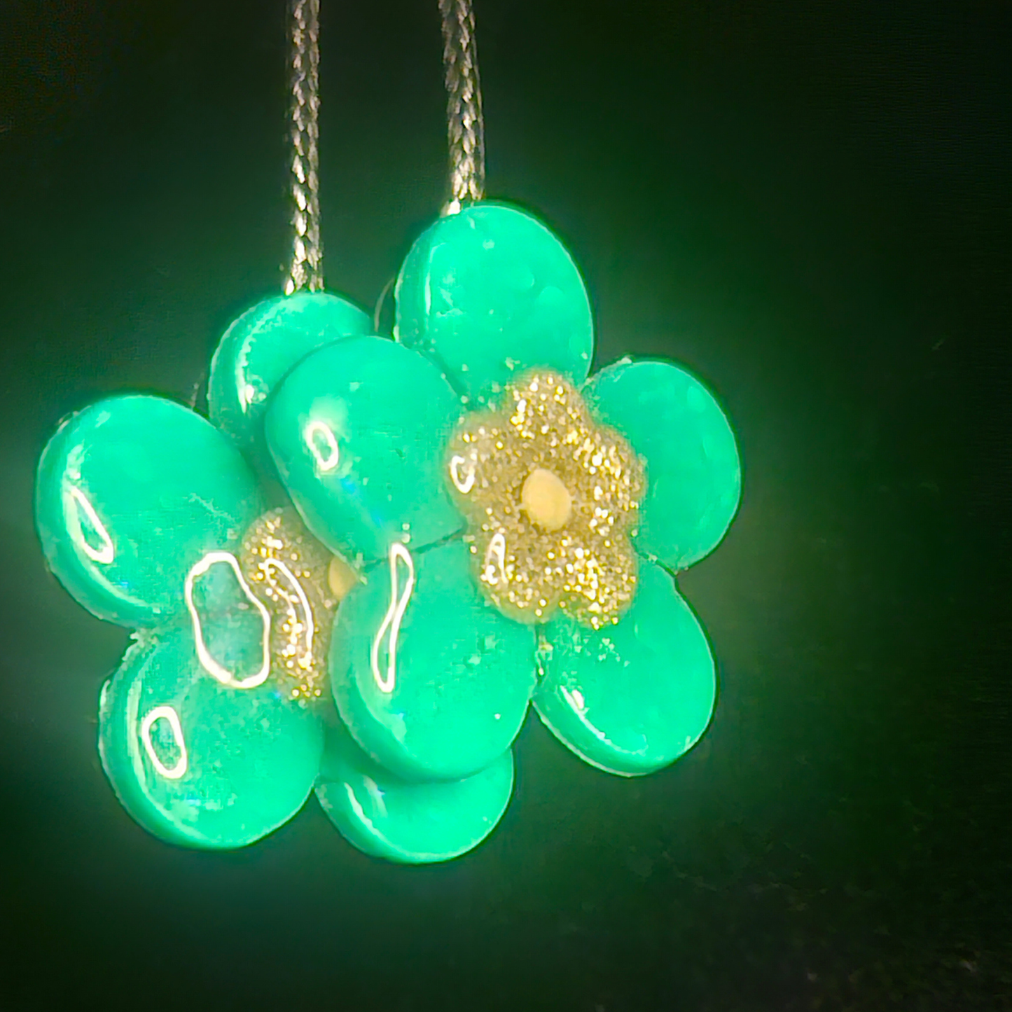 Mint Green Bubble Flower Resin Dangle Earrings with Gold Glitter Center