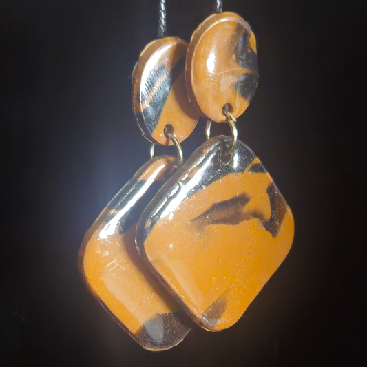 Amber & Black Tiger Stripe Oval Stud & Square Resin Earrings