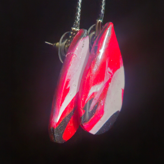 Red & White Bold Stripe Tear Drop Stud Resin Earrings