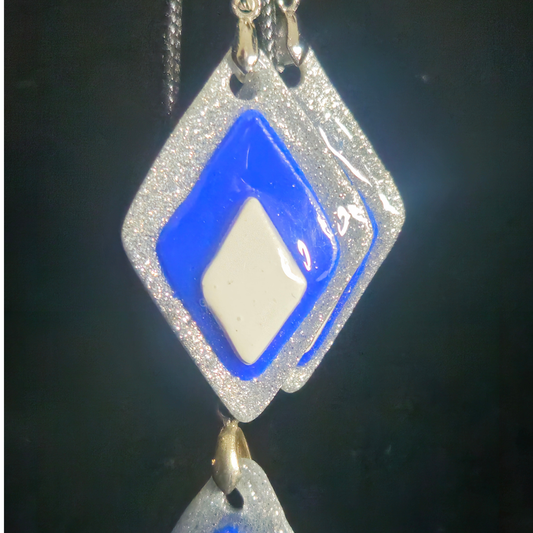 Silver Glitter, Royal Blue & Cream Layered Diamond Resin Earring & Necklace Set
