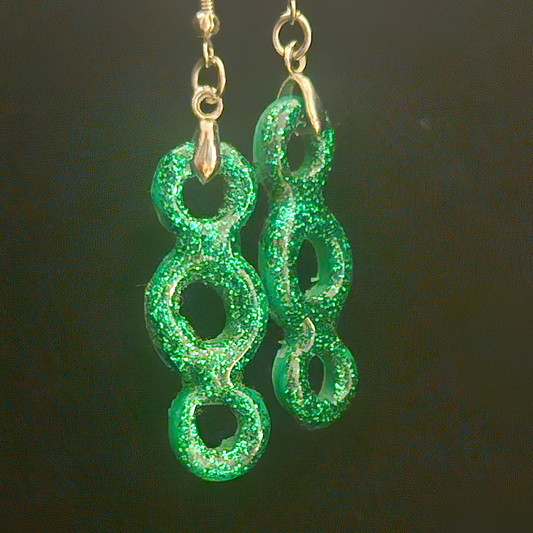 Emerald Green Glitter Linked Bubble Chain Resin Dangle Earrings