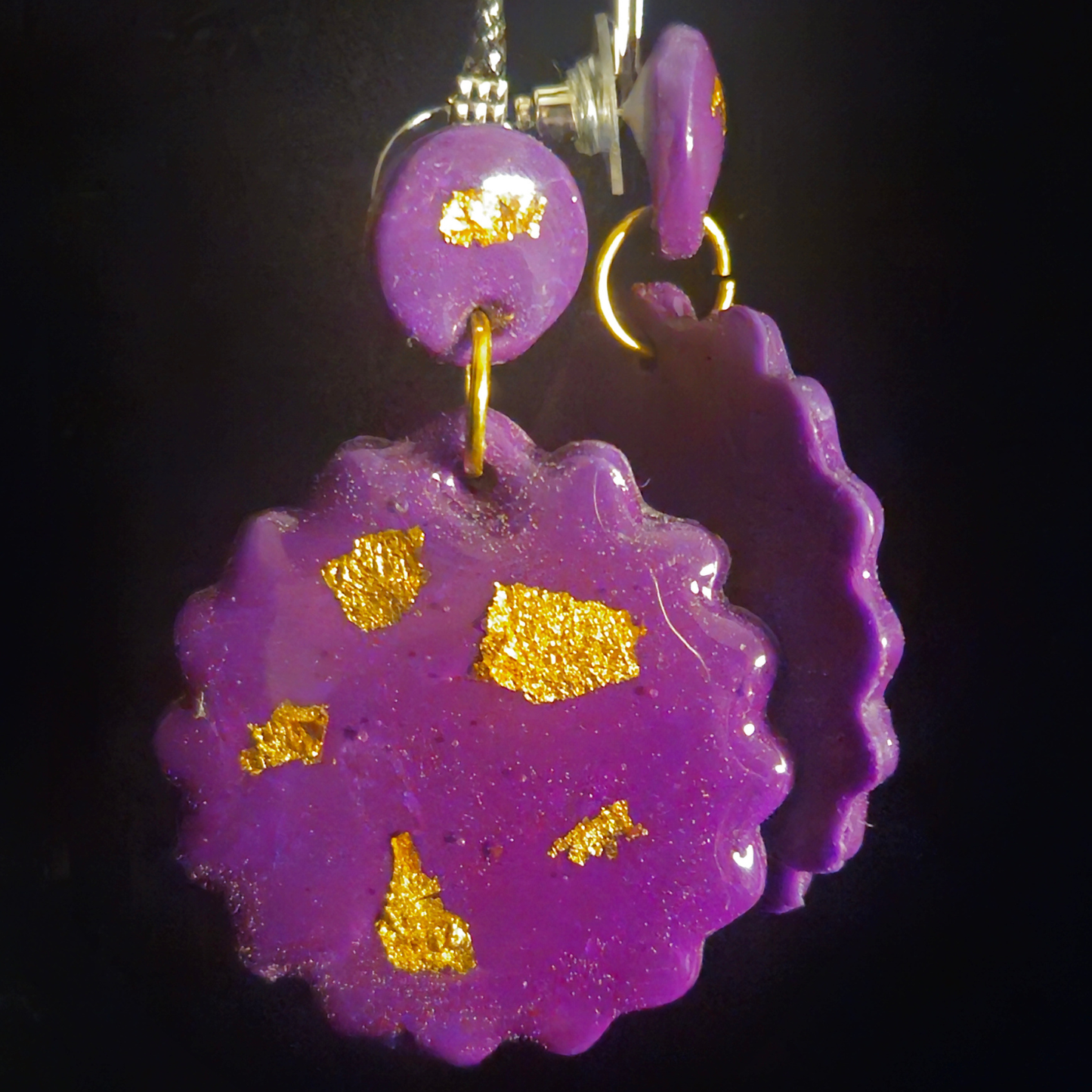 Lavender & Gold Foil Scalloped Circle Stud & Drop Resin Earrings