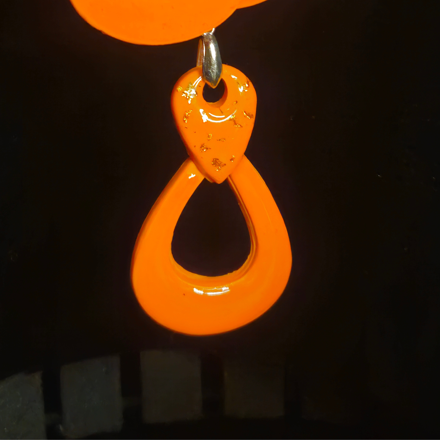 Solid Orange & Gold Foil Teardrop with Open Twisted Loop & Circle Drop Resin Earring & Necklace Set