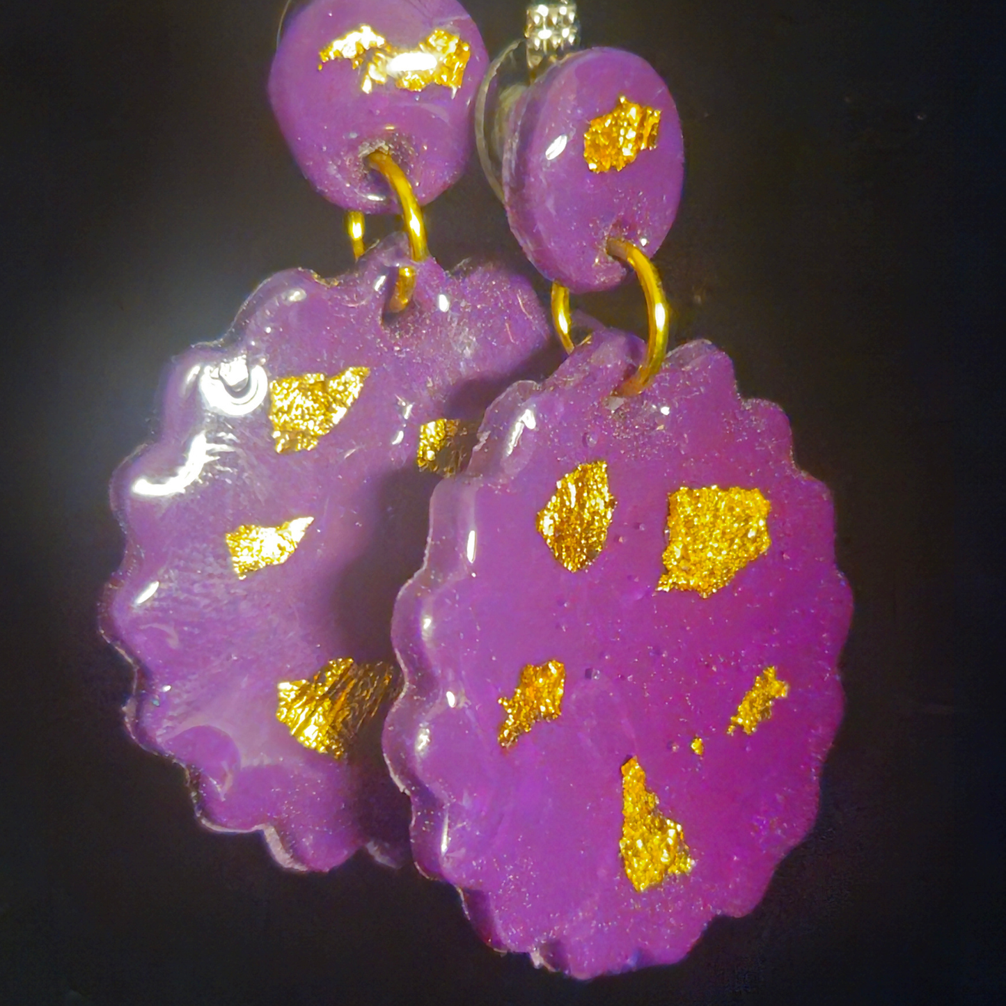 Lavender & Gold Foil Scalloped Circle Stud & Drop Resin Earrings
