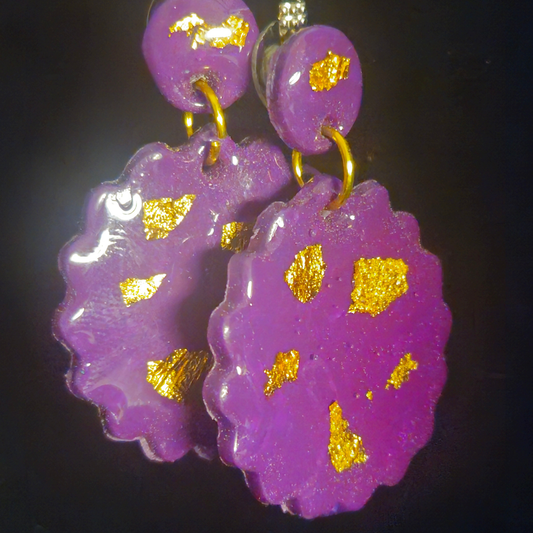 Lavender & Gold Foil Scalloped Circle Stud & Drop Resin Earrings