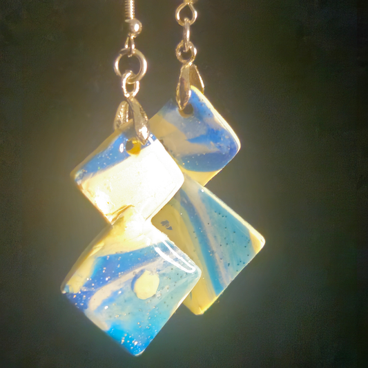 Blue & Cream Marble Stacked Diamond Resin Dangle Earrings