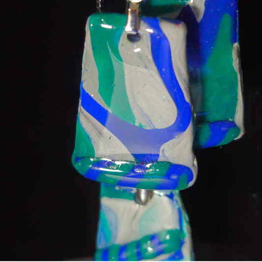 White, Teal & Royal Blue Abstract Swirl Rectangle Resin Earring & Necklace Set