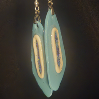 Powder Blue Resin Slab Earrings with Cream Oval & Iridescent Glitter Center