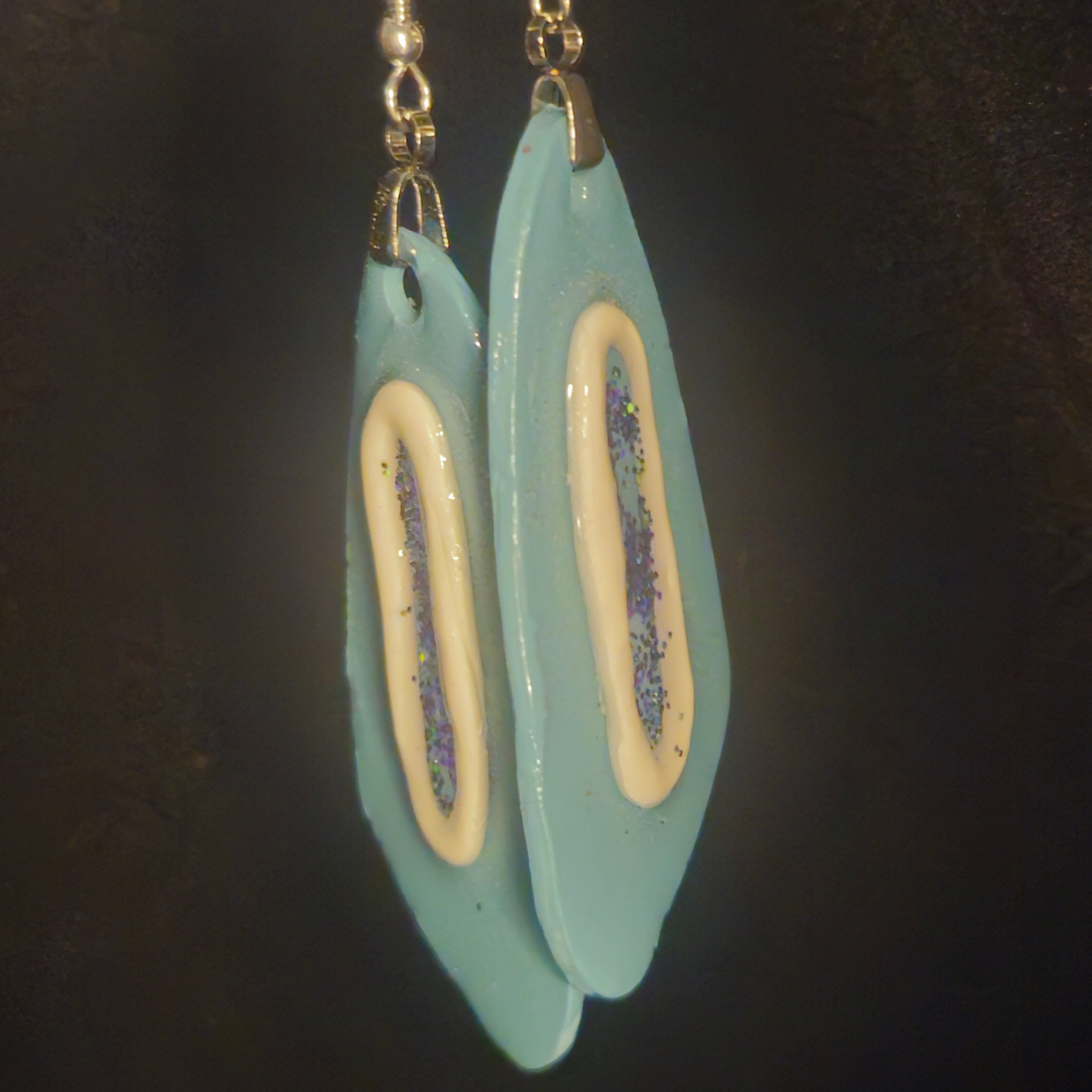 Powder Blue Resin Slab Earrings with Cream Oval & Iridescent Glitter Center