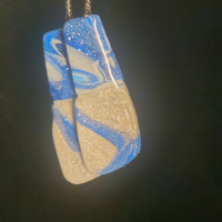 Blue & White Swirl Silver Glitter Resin Slab Earrings
