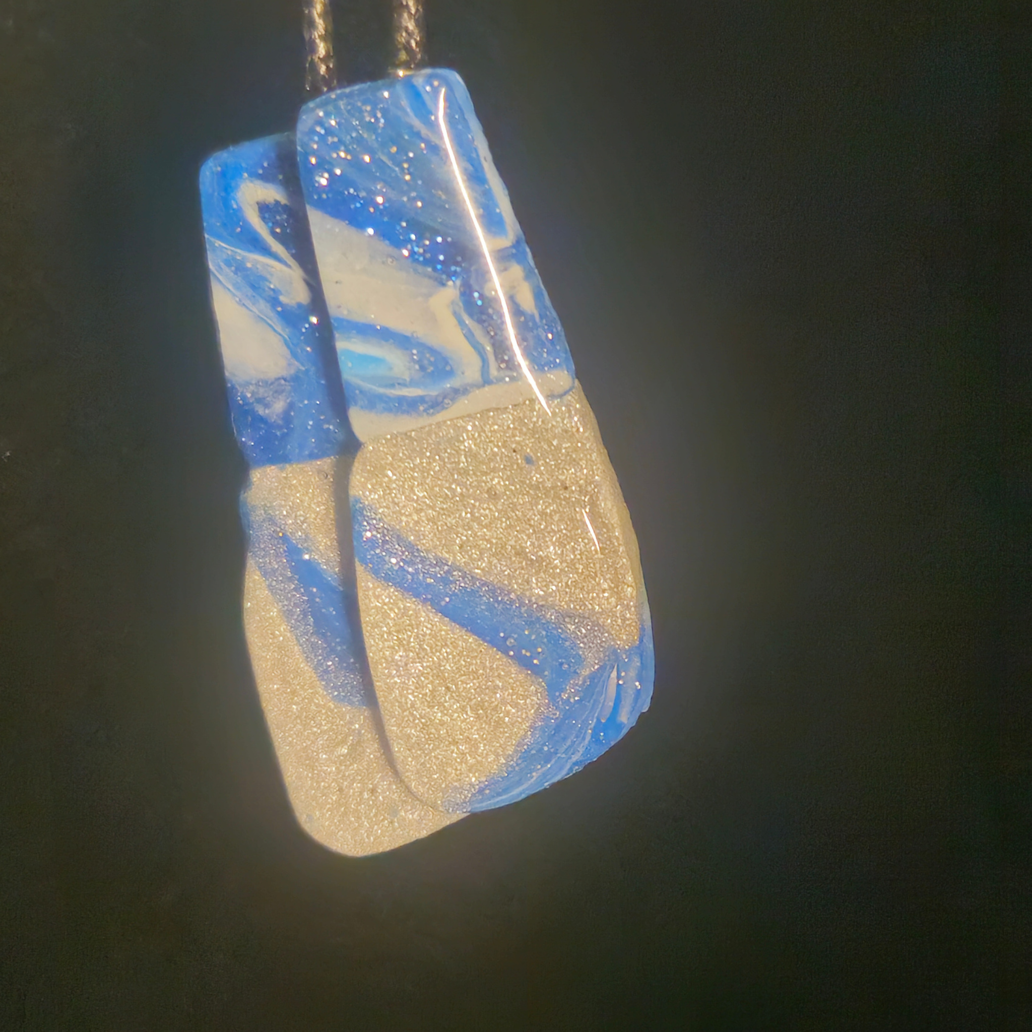 Blue & White Swirl Silver Glitter Resin Slab Earrings