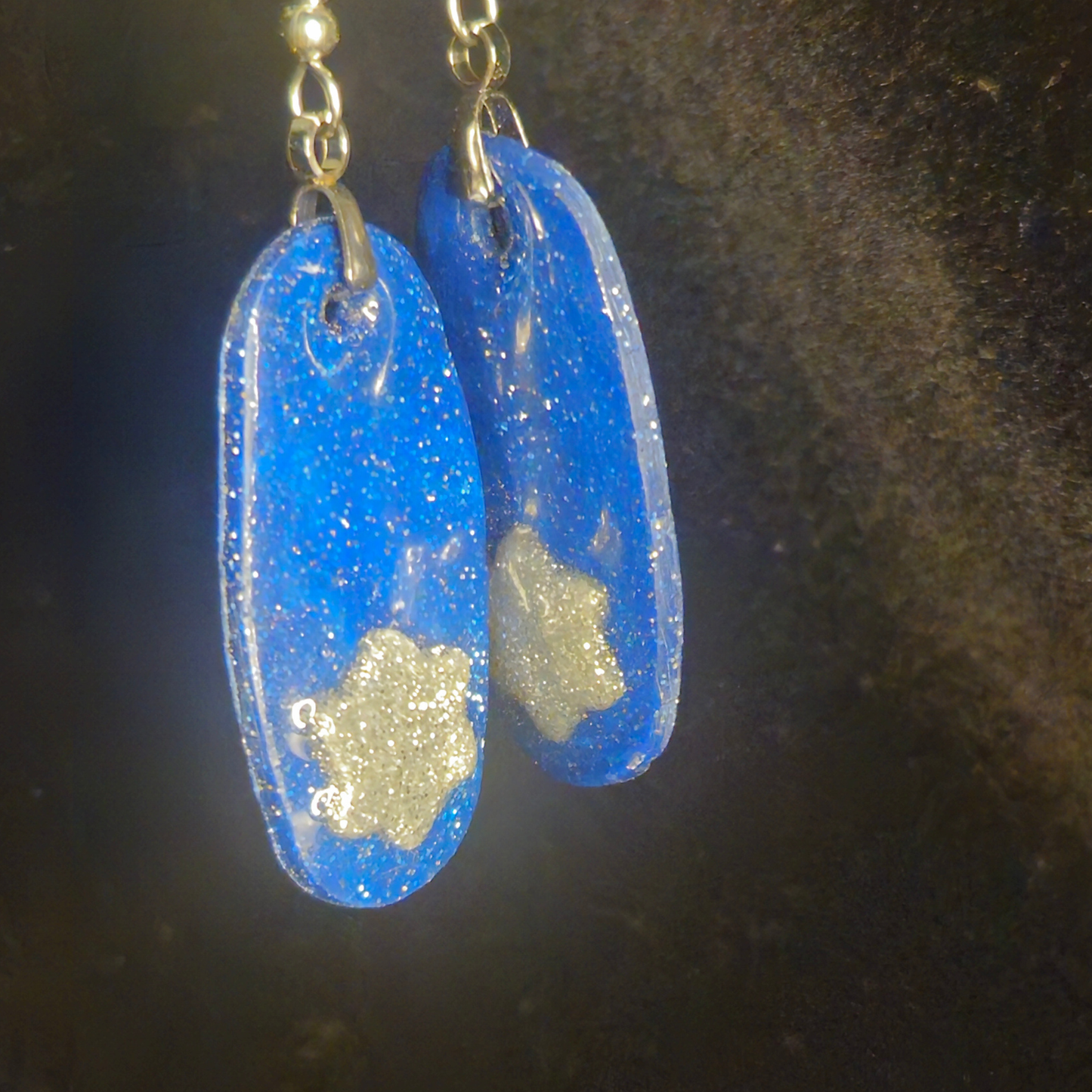 Royal Blue Glitter Oval Resin Dangle Earrings with Gold Foil Accent