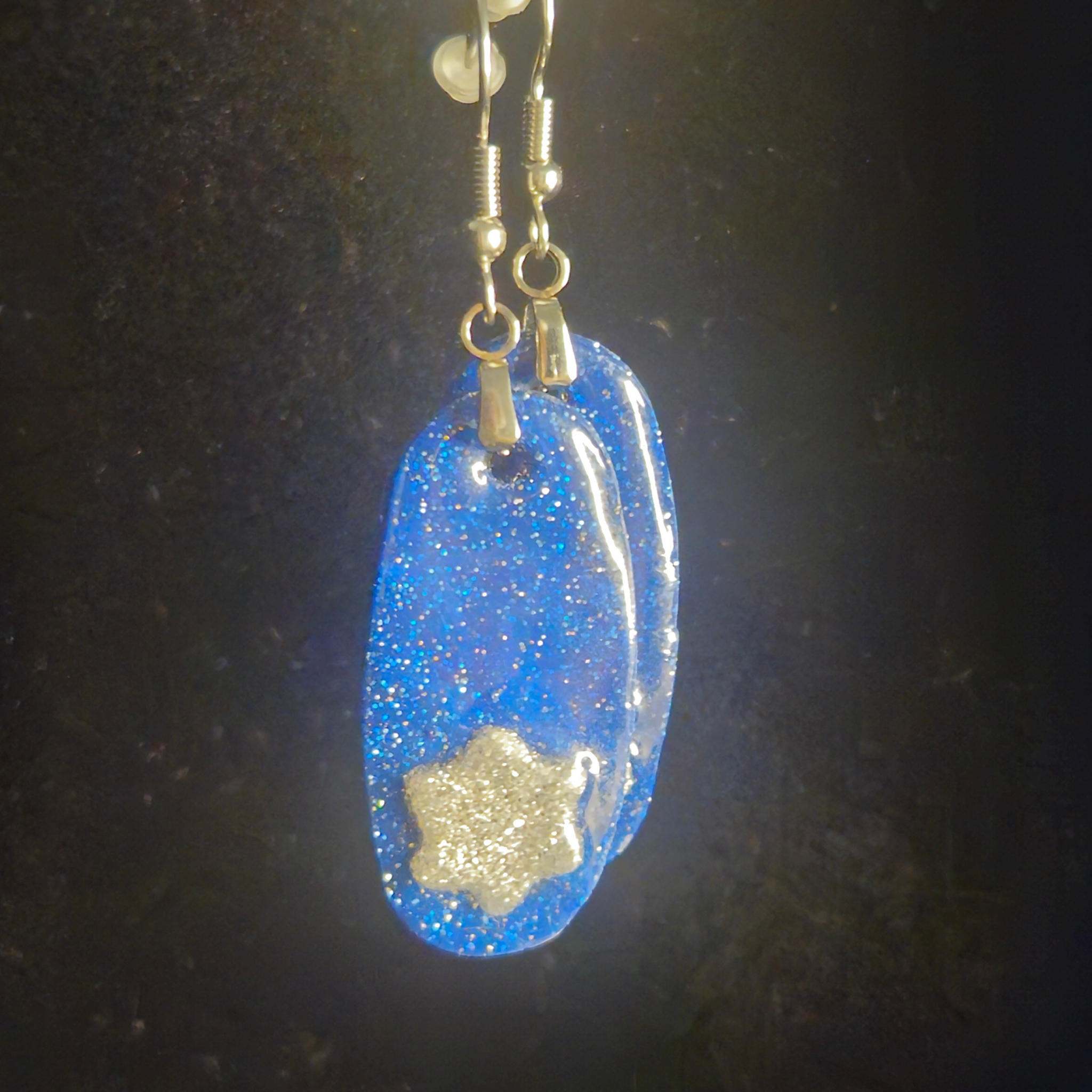 Royal Blue Glitter Oval Resin Dangle Earrings with Gold Foil Accent