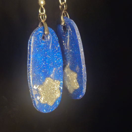 Royal Blue Glitter Oval Resin Dangle Earrings with Gold Foil Accent