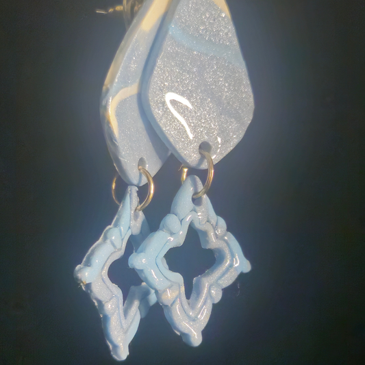 White Silver Glitter Diamond & Blue Open Star Resin Two-Piece Earrings