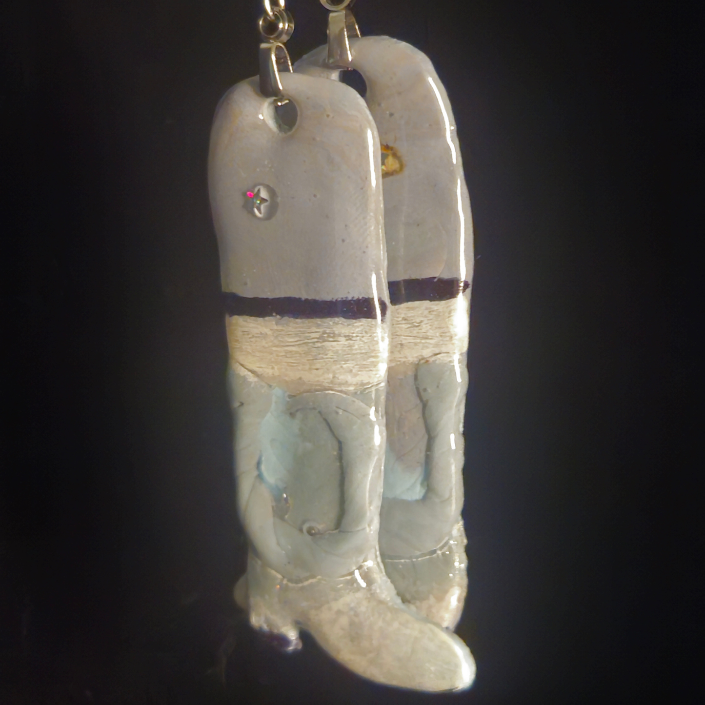 Cream & Blue Cowboy Boot Resin Dangle Earrings with Iridescent Star