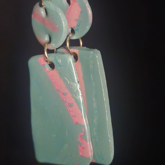Mint & Pink Swirl Two-Piece Circle & Rectangle Resin Dangle Earrings