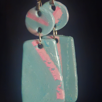 Mint & Pink Swirl Two-Piece Circle & Rectangle Resin Dangle Earrings