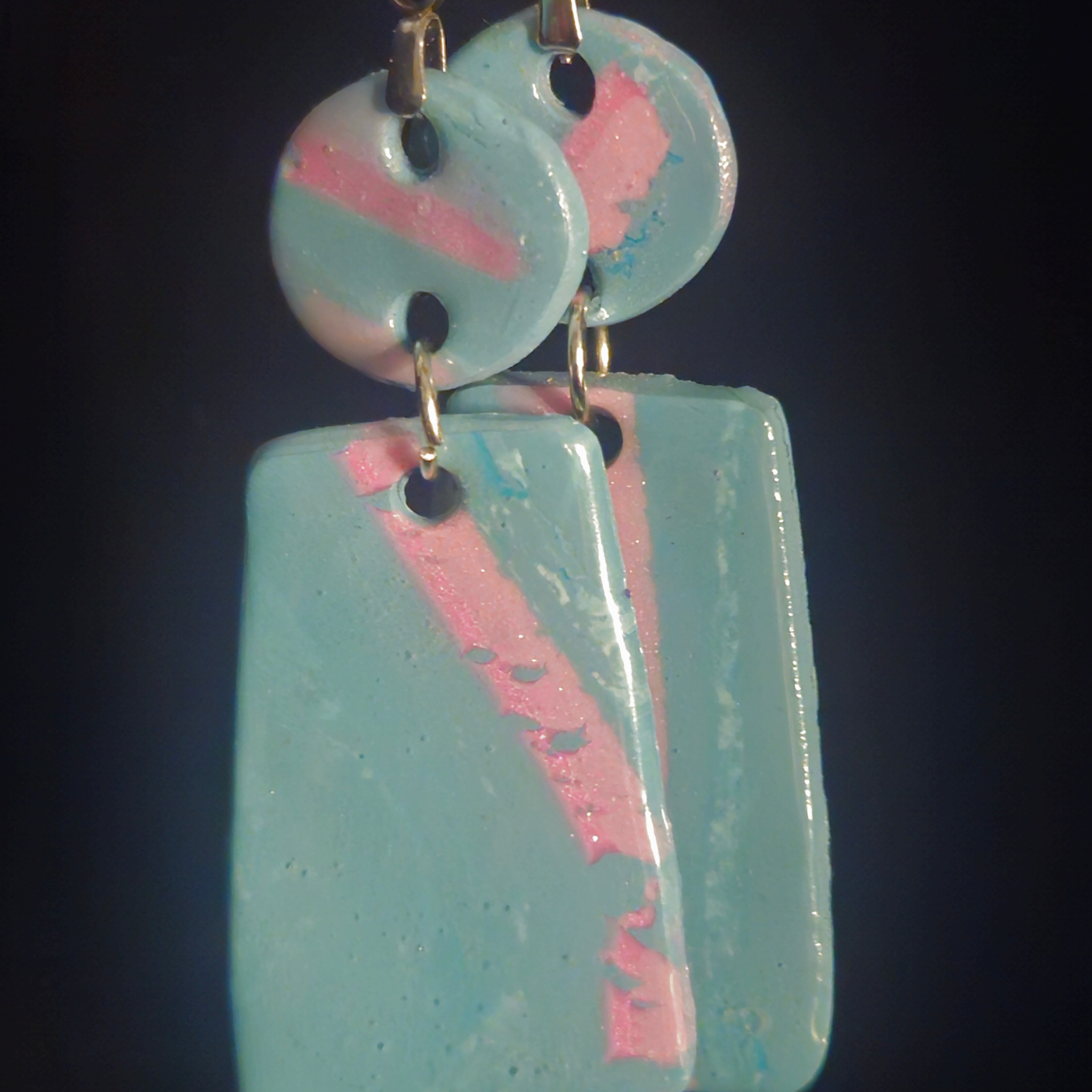 Mint & Pink Swirl Two-Piece Circle & Rectangle Resin Dangle Earrings