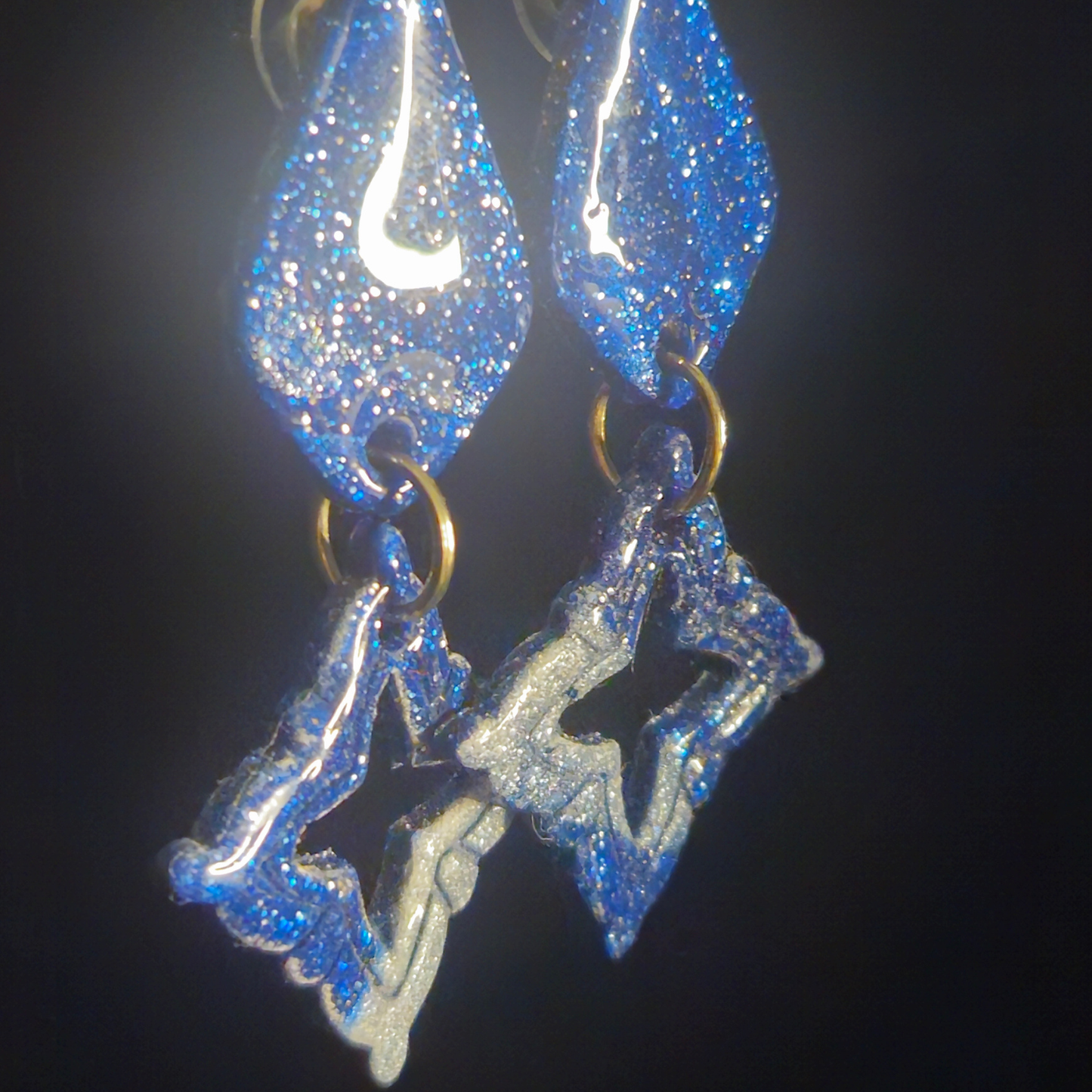 Blue Holographic Glitter Diamond & Open Star Two-Piece Resin Earrings