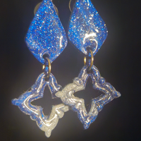Blue Holographic Glitter Diamond & Open Star Two-Piece Resin Earrings