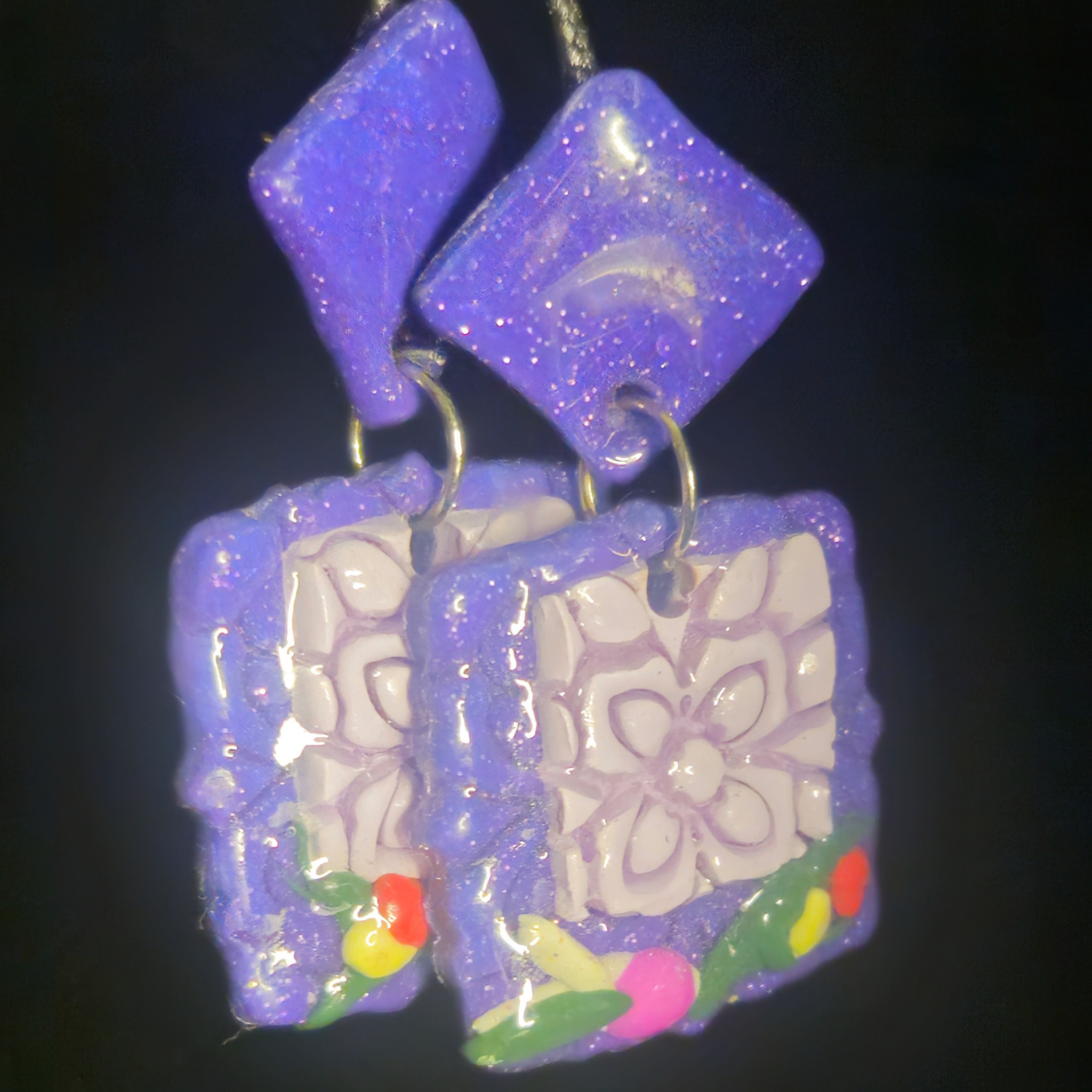 Purple Glitter Diamond Stud & Bubble Frame Square with Mosaic & Flower Resin Earrings