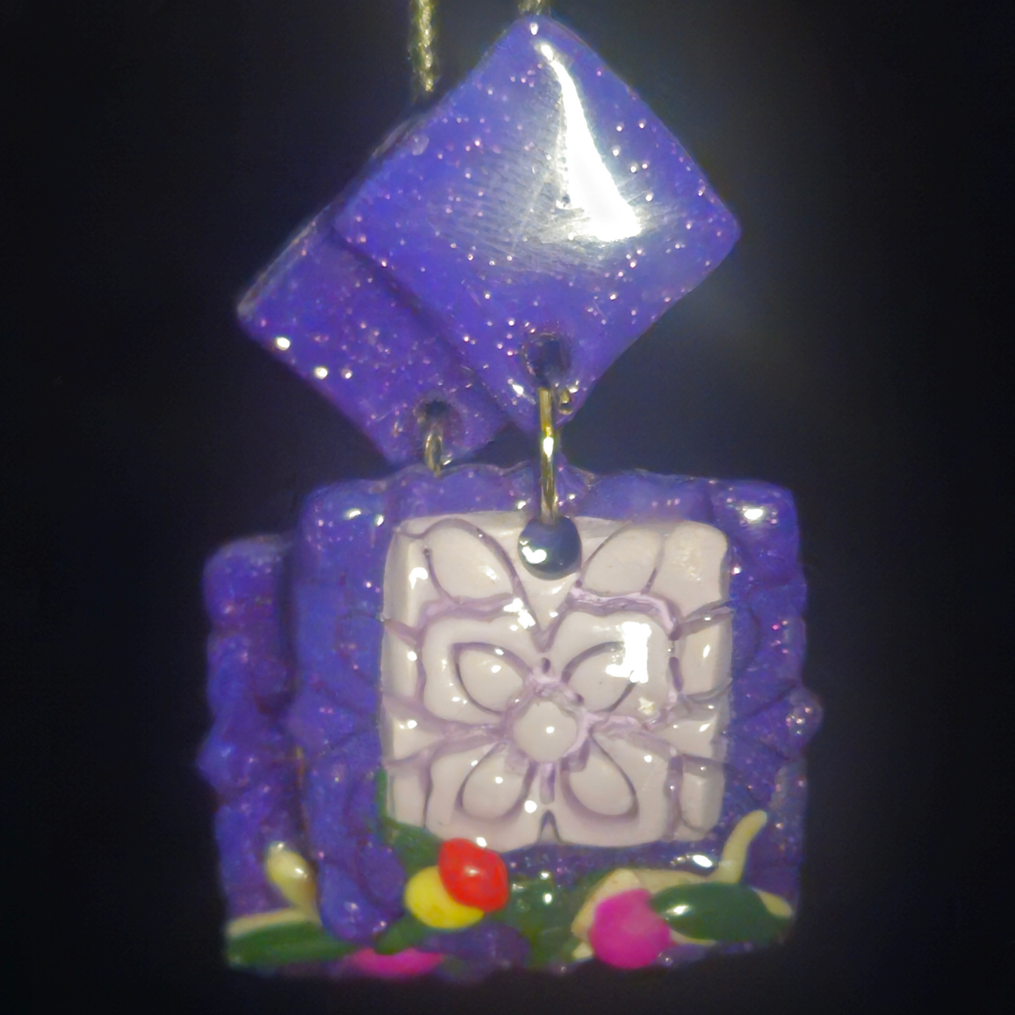 Purple Glitter Diamond Stud & Bubble Frame Square with Mosaic & Flower Resin Earrings