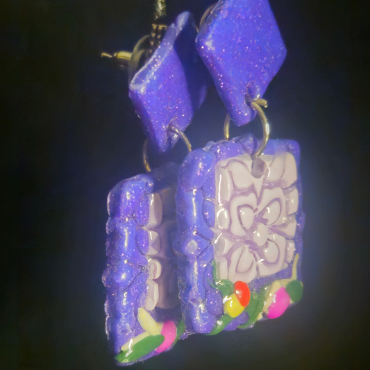 Purple Glitter Diamond Stud & Bubble Frame Square with Mosaic & Flower Resin Earrings