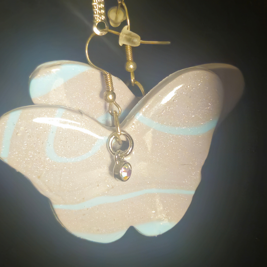 White Iridescent Glitter Butterfly Resin Dangle Earrings with Rhinestone Charm