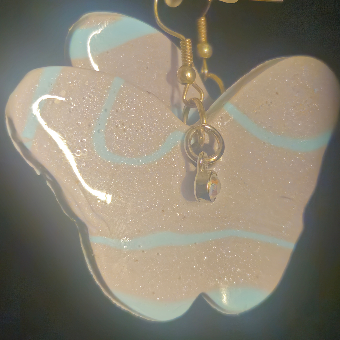 White Iridescent Glitter Butterfly Resin Dangle Earrings with Rhinestone Charm