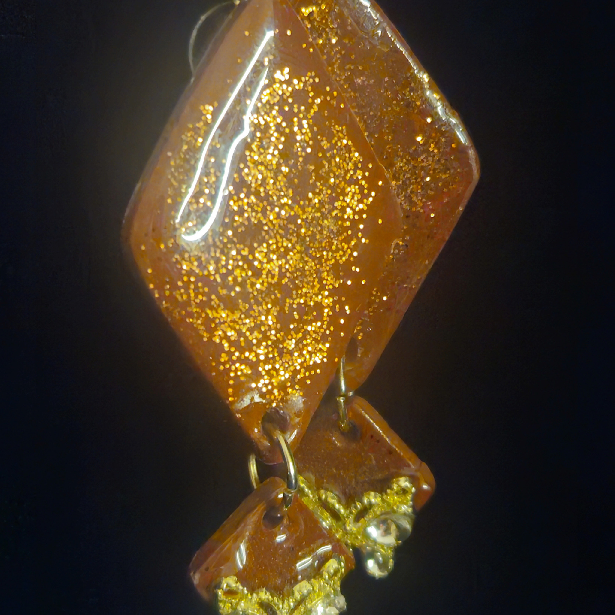 Amber & Gold Glitter Stacked Diamond Resin Earrings with Crystal Butterfly Charm