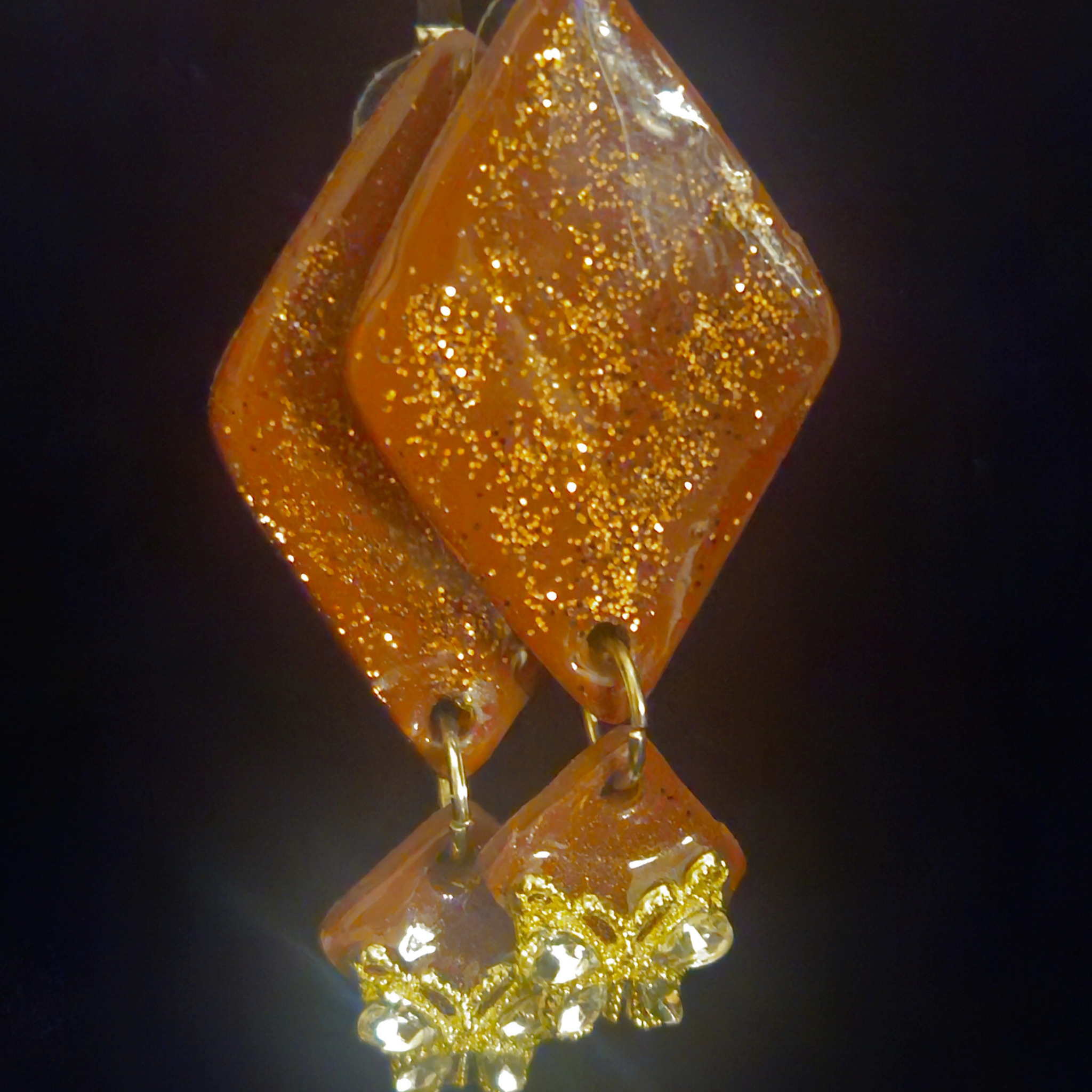 Amber & Gold Glitter Stacked Diamond Resin Earrings with Crystal Butterfly Charm